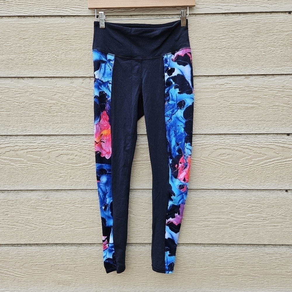 Athleta Chaturanga mid rise 7/8 leggings navy with multicolor side panels small